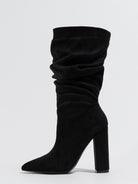 Mescini black slouchy suede knee high boots, single boot in profile view, US women's sizes