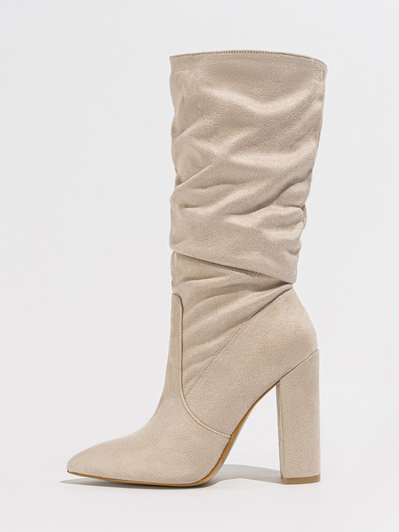 Mescini beige slouchy suede knee high boots, single boot in full side view, US women's sizes