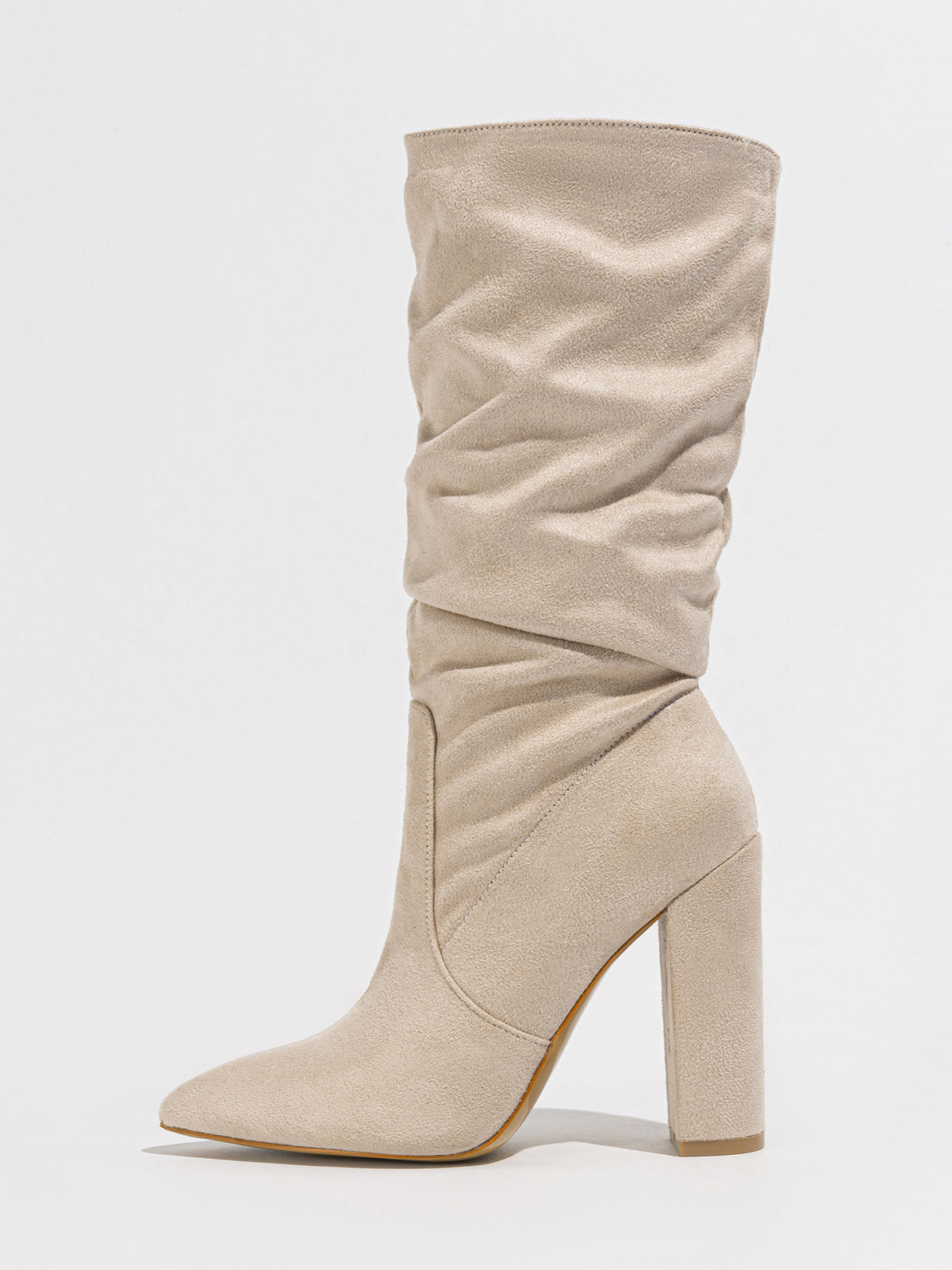 Mescini beige slouchy suede knee high boots, single boot in full side view, US women's sizes