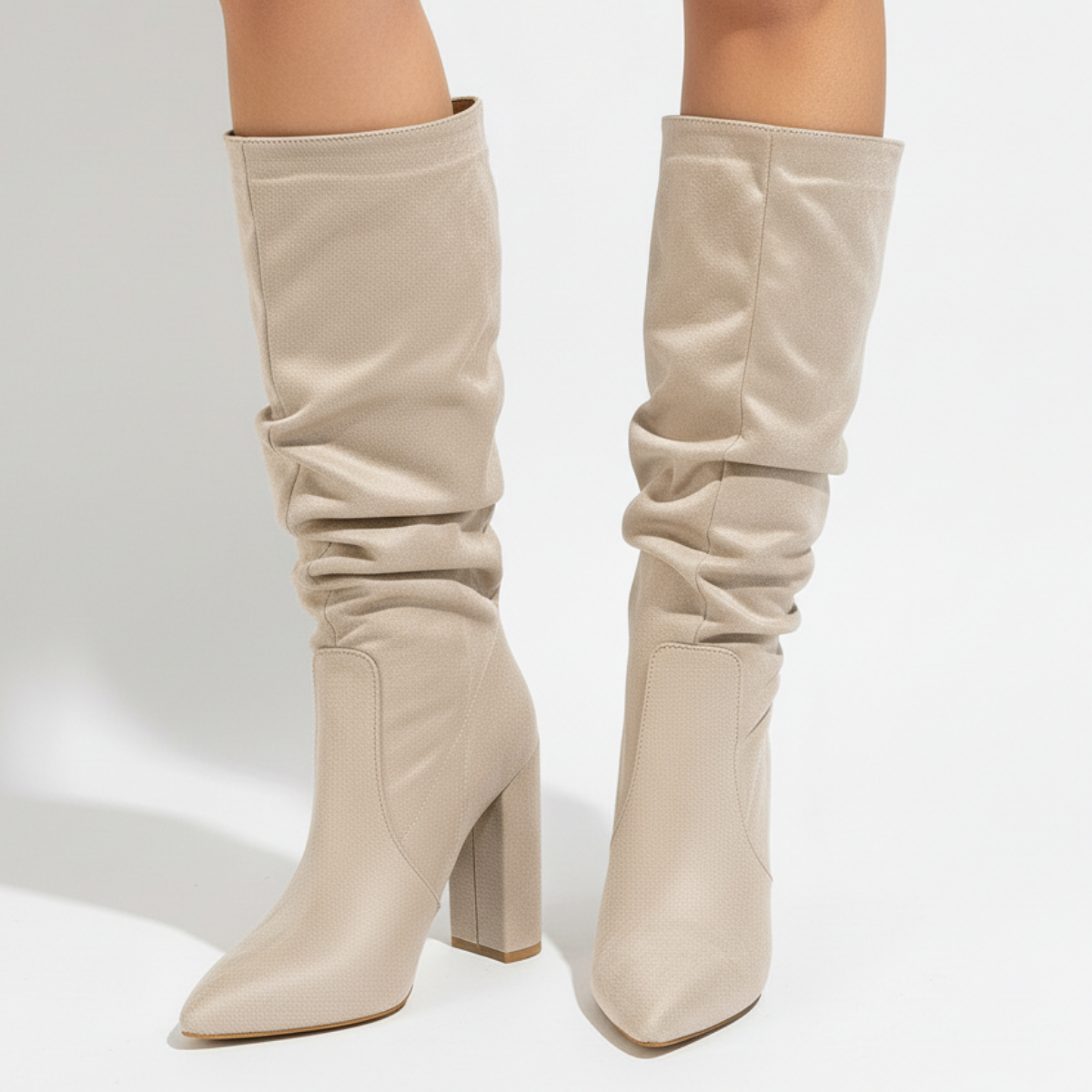 Mescini - beige knee high boots worn on the model, wide shaft opening, US women's sizes