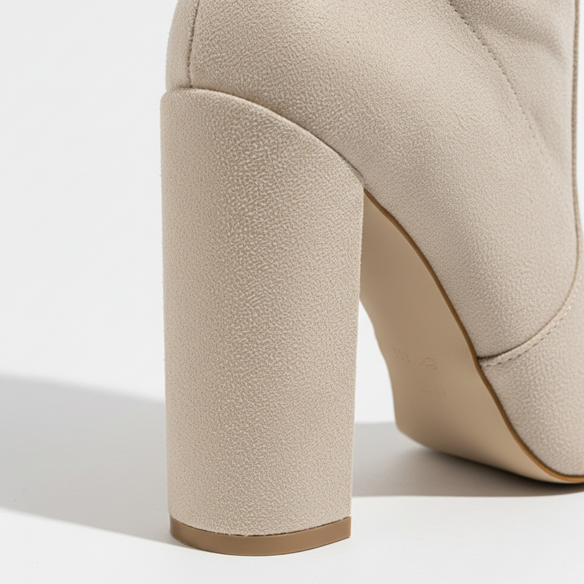 Mescini - beige tall boots, close view of the squared block heel, US women's sizes