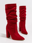 Mescini red slouchy suede knee high boots, pair angled on a plain backdrop, US women's sizes