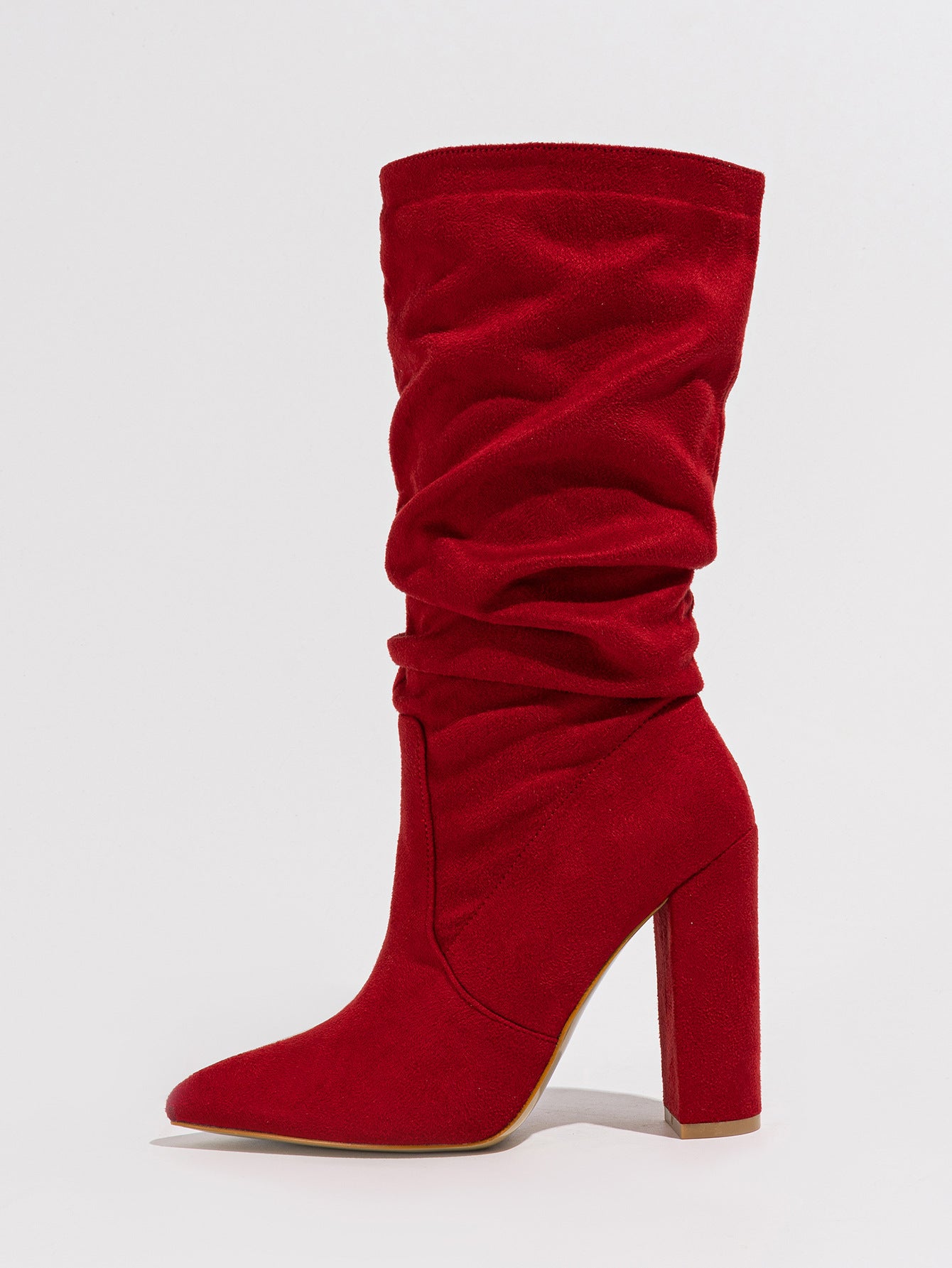 Mescini red slouchy suede knee high boots, one boot seen from the side, US women's sizes