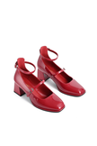 Mescini red square toe block heel mary janes, angled studio view of the pair on white, US women's sizes