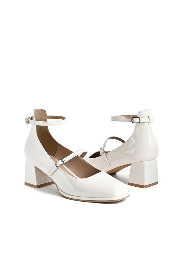 Mescini white square toe block heel mary janes, front view of the pair with buckles closed, US women's sizes