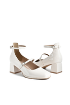 Mescini white square toe block heel mary janes, front view of the pair with buckles closed, US women's sizes
