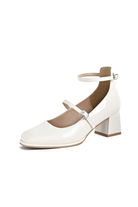 Mescini white square toe block heel mary janes, one shoe photographed from the side, US women's sizes
