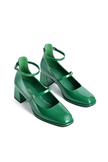 Mescini green square toe block heel mary janes, pair angled on a plain white background, US women's sizes