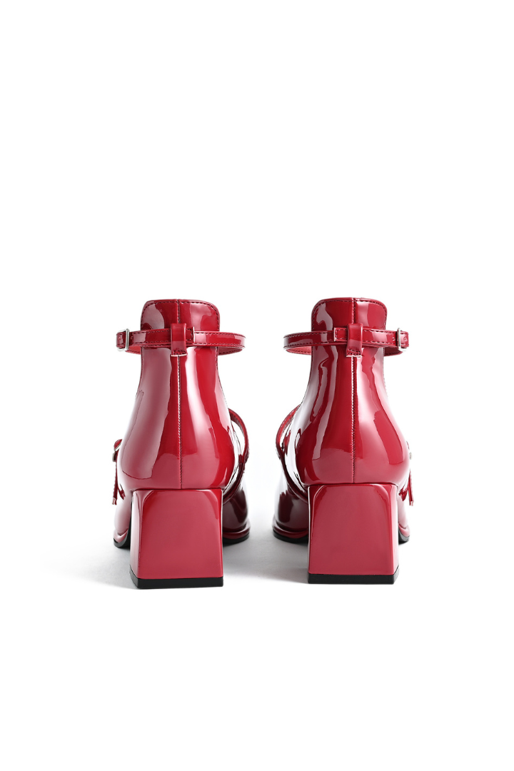 Mescini red square toe block heel mary janes, rear view of the pair on a white backdrop, US women's sizes