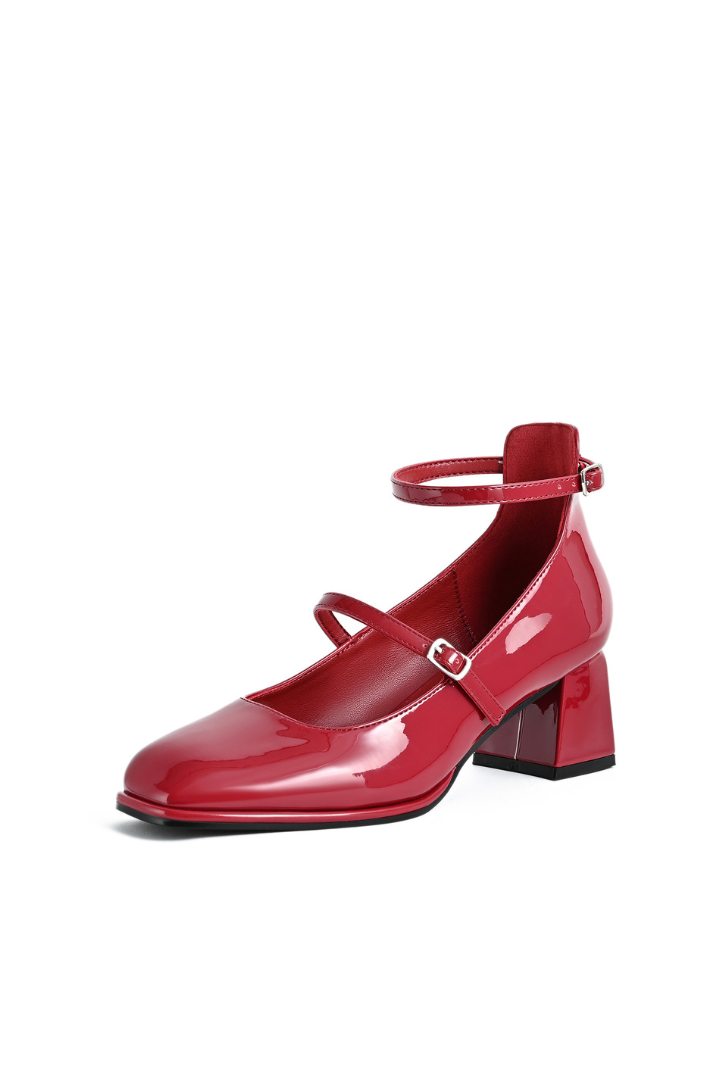 Mescini red square toe block heel mary janes, side profile of one shoe on white, US women's sizes
