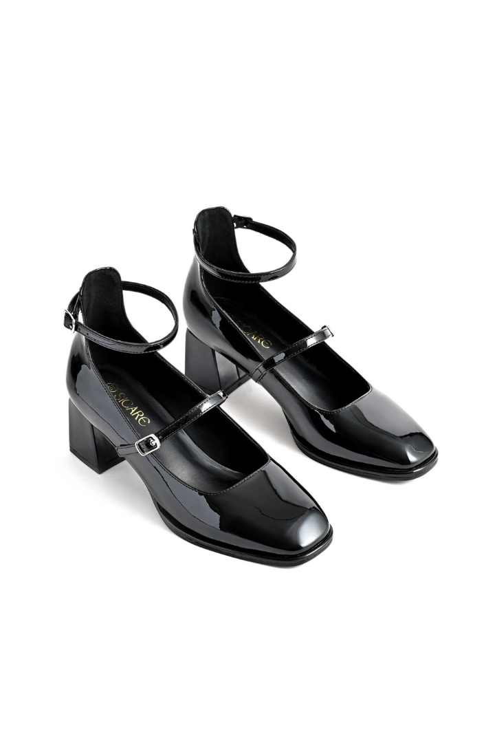 Mescini black square toe block heel mary janes, angled view of the pair in the studio, US women's sizes