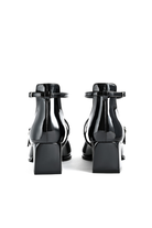 Mescini black square toe block heel mary janes, back view of the pair on white, US women's sizes