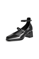 Mescini black square toe block heel mary janes, single shoe seen from the side, US women's sizes