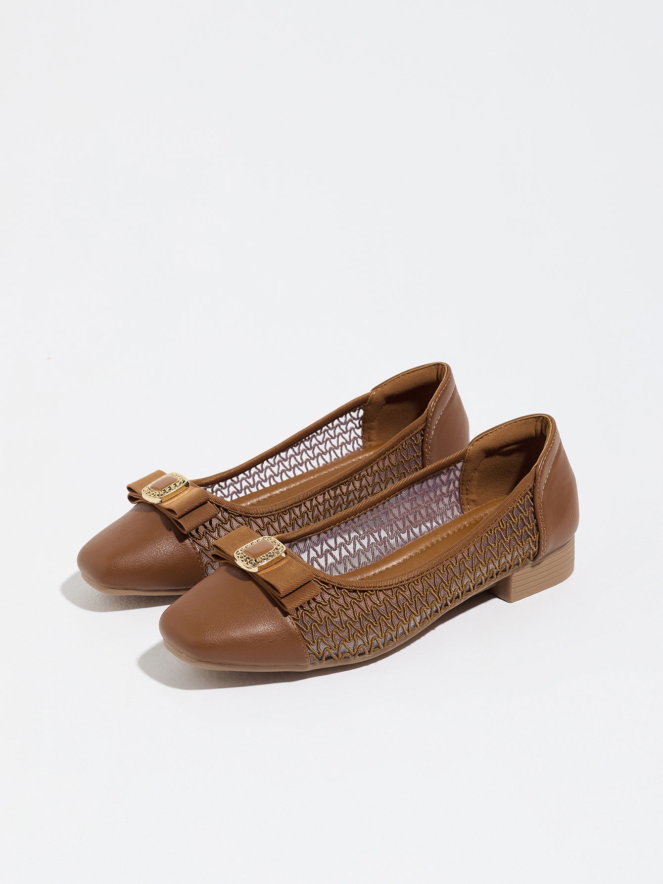 Mescini brown grosgrain bow square toe ballet flats, pair angled on a white surface, US women's sizes