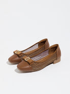 Mescini brown grosgrain bow square toe ballet flats, pair angled on a white surface, US women's sizes