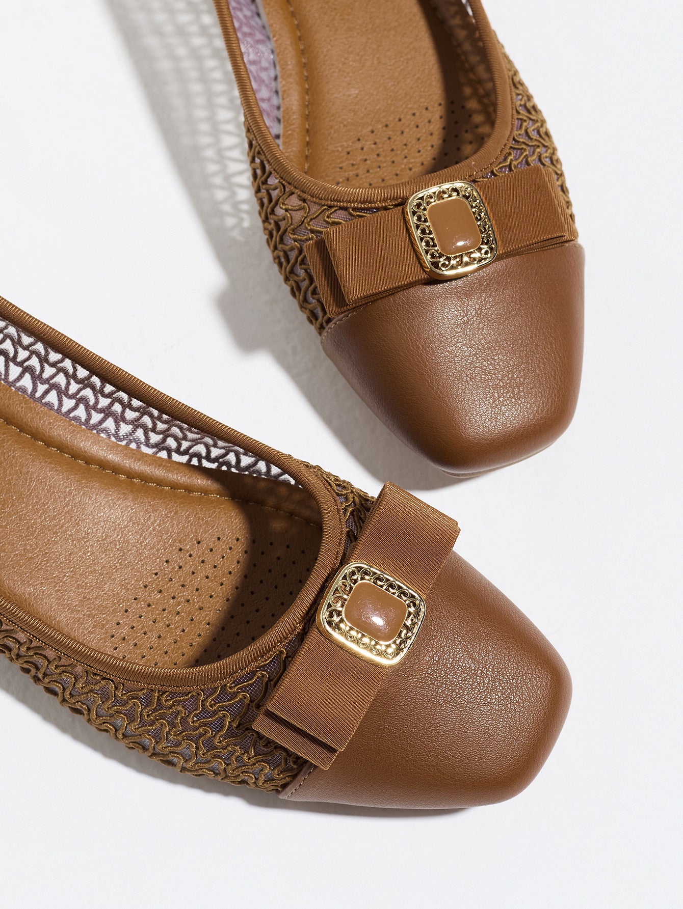 Mescini brown grosgrain bow square toe ballet flats, close up of the buckle on the vamp, US women's sizes