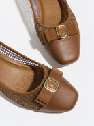 Mescini brown grosgrain bow square toe ballet flats, close up of the buckle on the vamp, US women's sizes