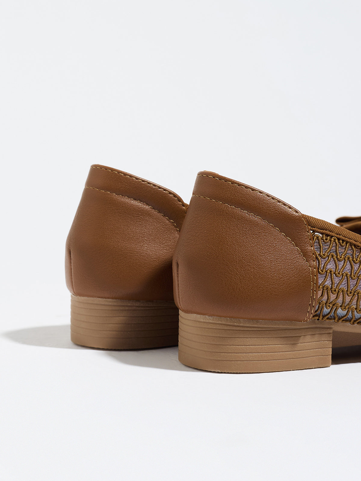 Mescini brown grosgrain bow square toe ballet flats, back view of both stacked heels, US women's sizes