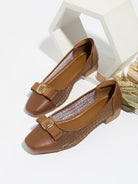 Mescini brown grosgrain bow square toe ballet flats, pair propped on a white block, US women's sizes