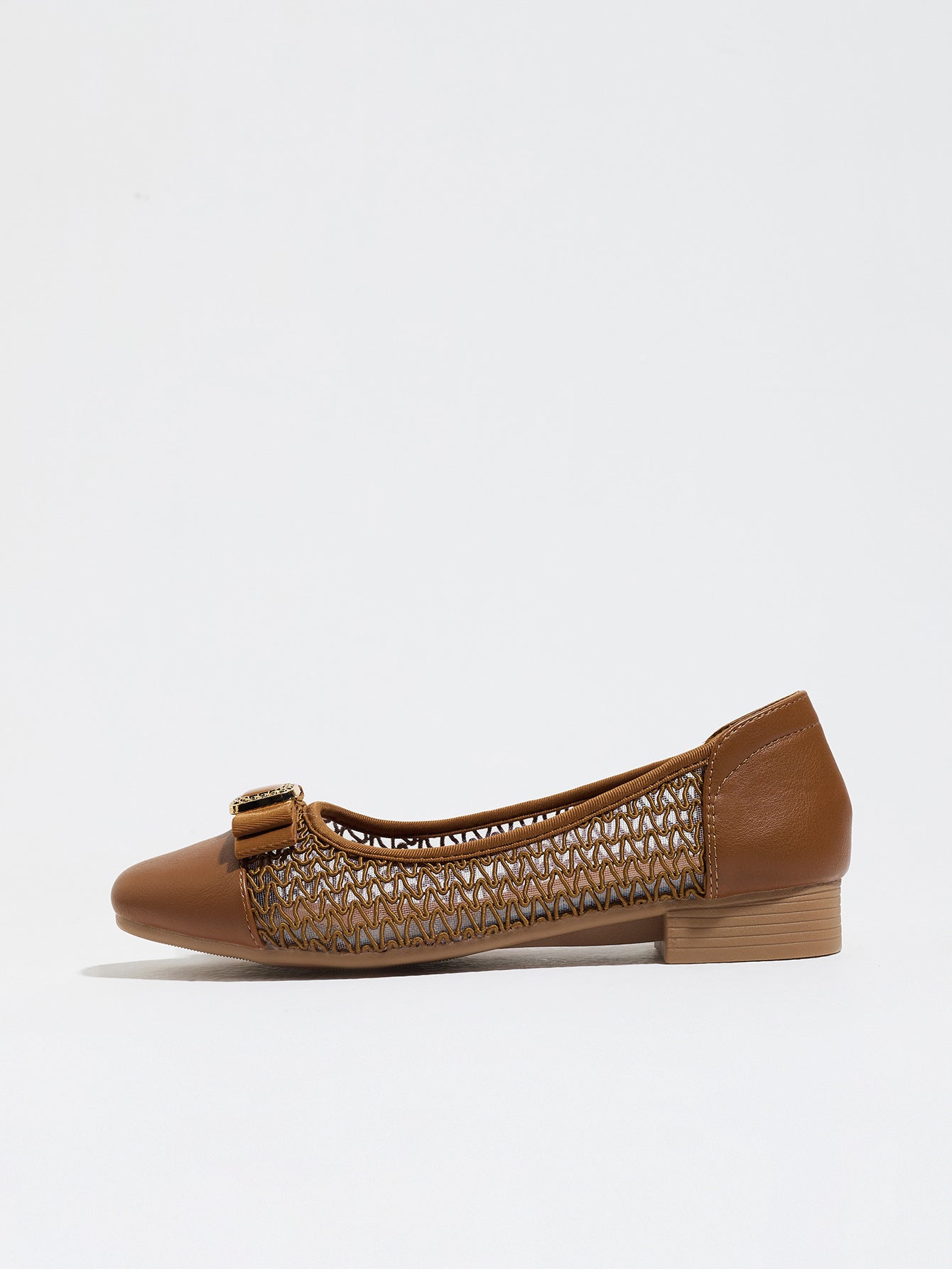Mescini brown grosgrain bow square toe ballet flats, single shoe seen in side profile, US women's sizes