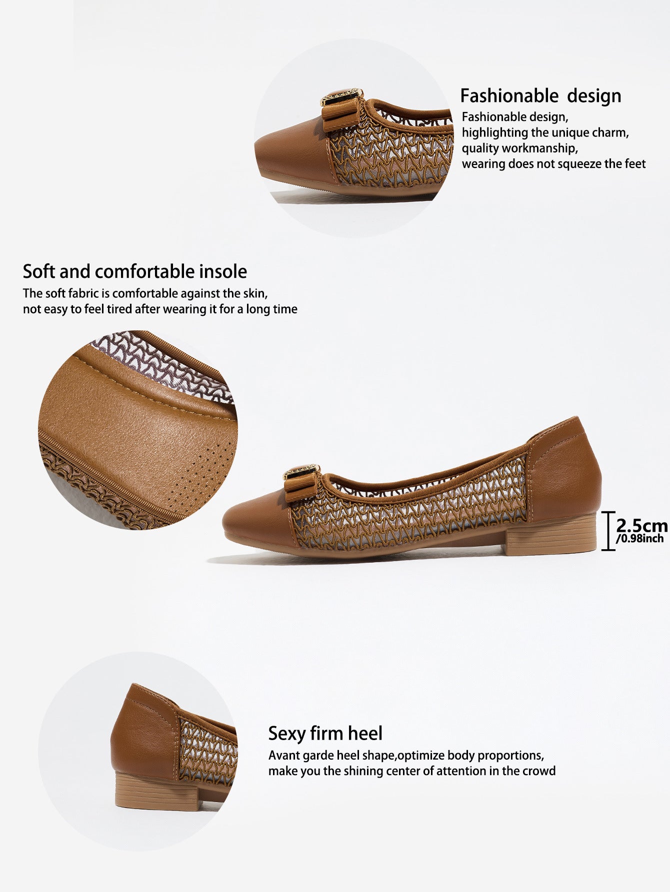 Mescini brown grosgrain bow square toe ballet flats, product graphic with measurements, US women's sizes