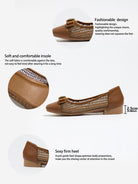 Mescini brown grosgrain bow square toe ballet flats, product graphic with measurements, US women's sizes