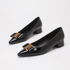 Mescini – black pointed toe low block heel pumps with gold bow, pair view, US women's sizes