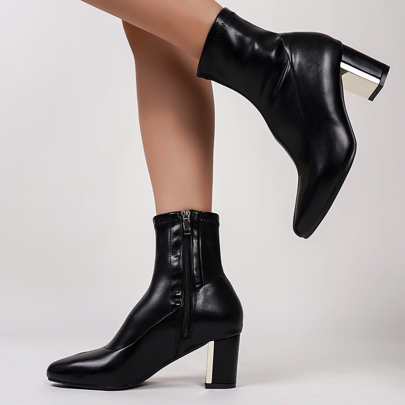 Mescini – black square toe ankle boots worn on a raised leg, full view, US women's sizes