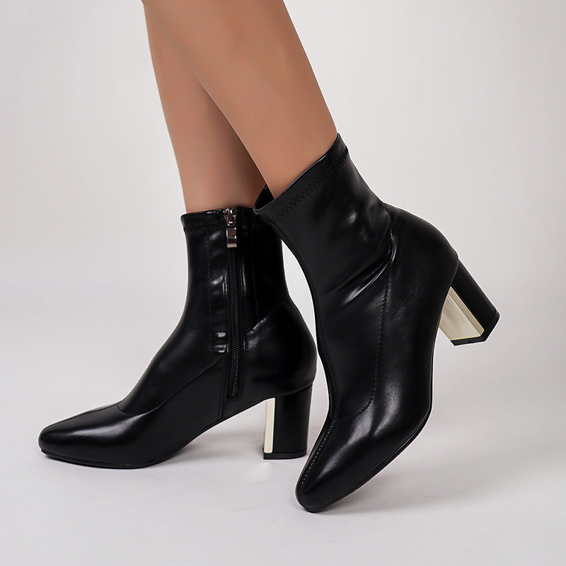 Mescini – black stretch ankle boots on the foot, side zip detail, US women's sizes