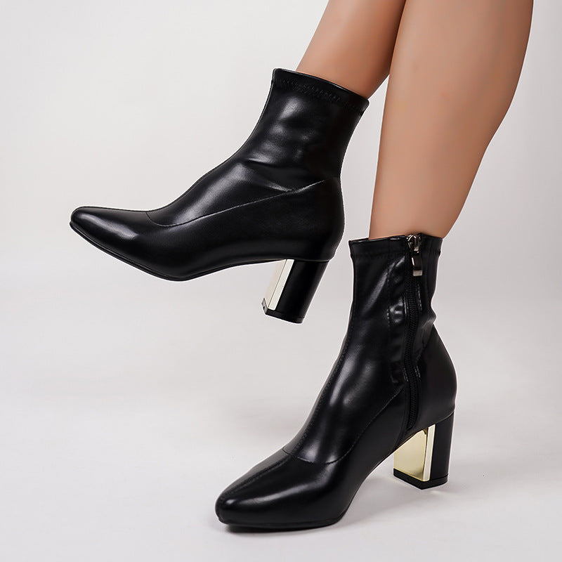 Mescini – black block heel ankle boots crossed, gold heel plate view, US women's sizes